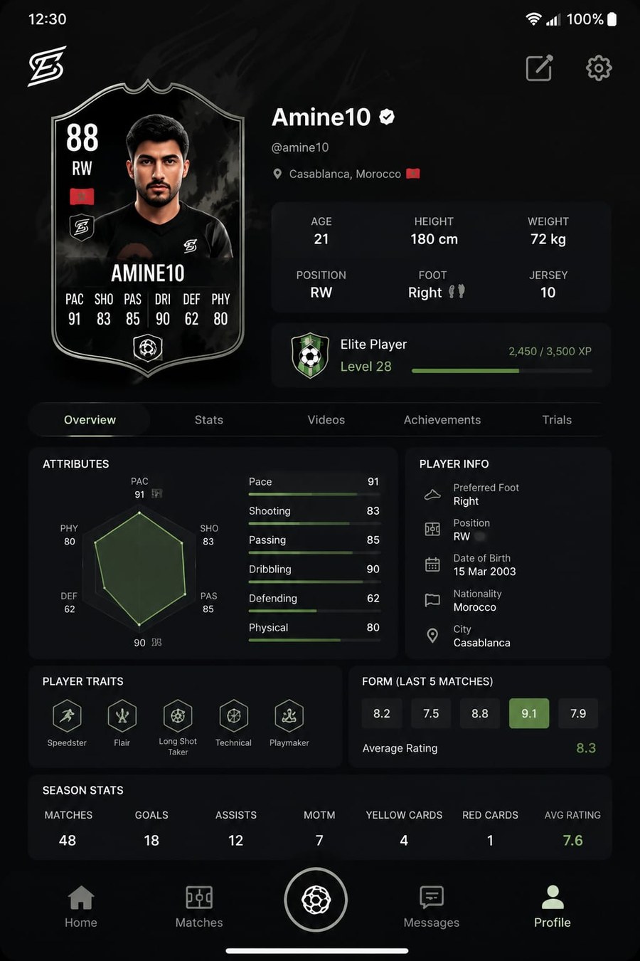 Street Elite player card and attributes
